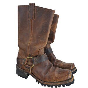 Frye Brown Leather Harness Pull On Moto Boots Size 8 Womens Heel Distressed